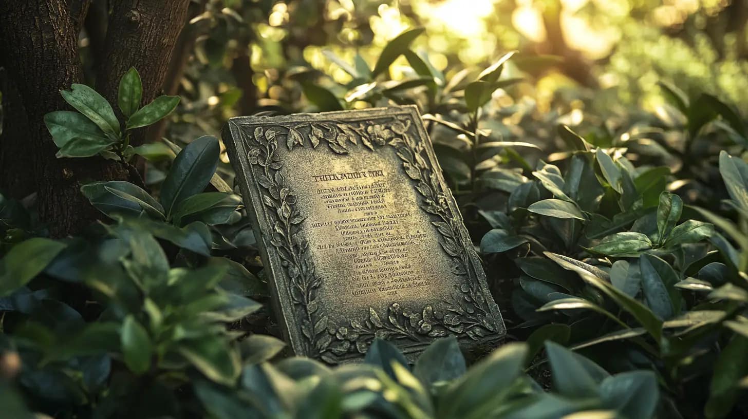 A weathered stone plaque with ornate leaf designs is partially hidden among dense green foliage. Sunlight filters through, casting a warm glow on the plaque, which bears a worn inscription. The scene evokes a sense of tranquility and remembrance.