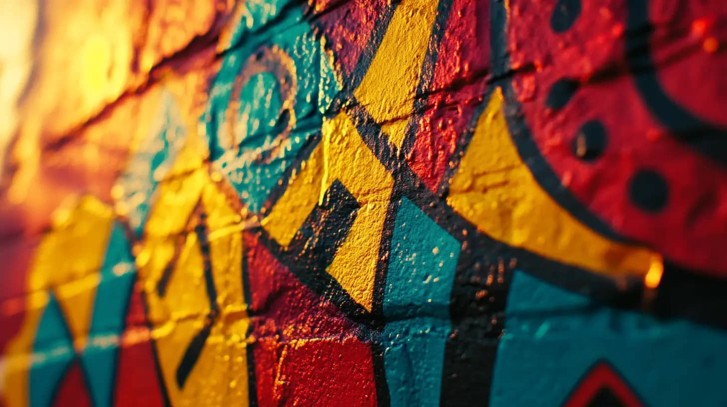 Close-up of a colorful mural on a brick wall, featuring abstract geometric shapes and patterns in vibrant reds, yellows, blues, and blacks. The texture of the painted bricks is highlighted by warm, golden light.