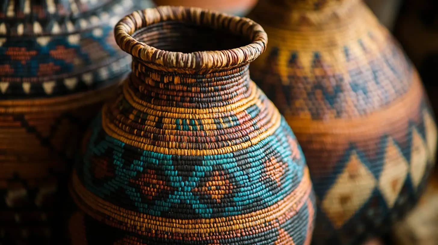 Close-up image of intricately woven baskets with vibrant patterns featuring geometric designs. The baskets showcase a variety of earthy tones, including shades of brown, orange, blue, and green. The detailed craftsmanship highlights traditional weaving techniques.
