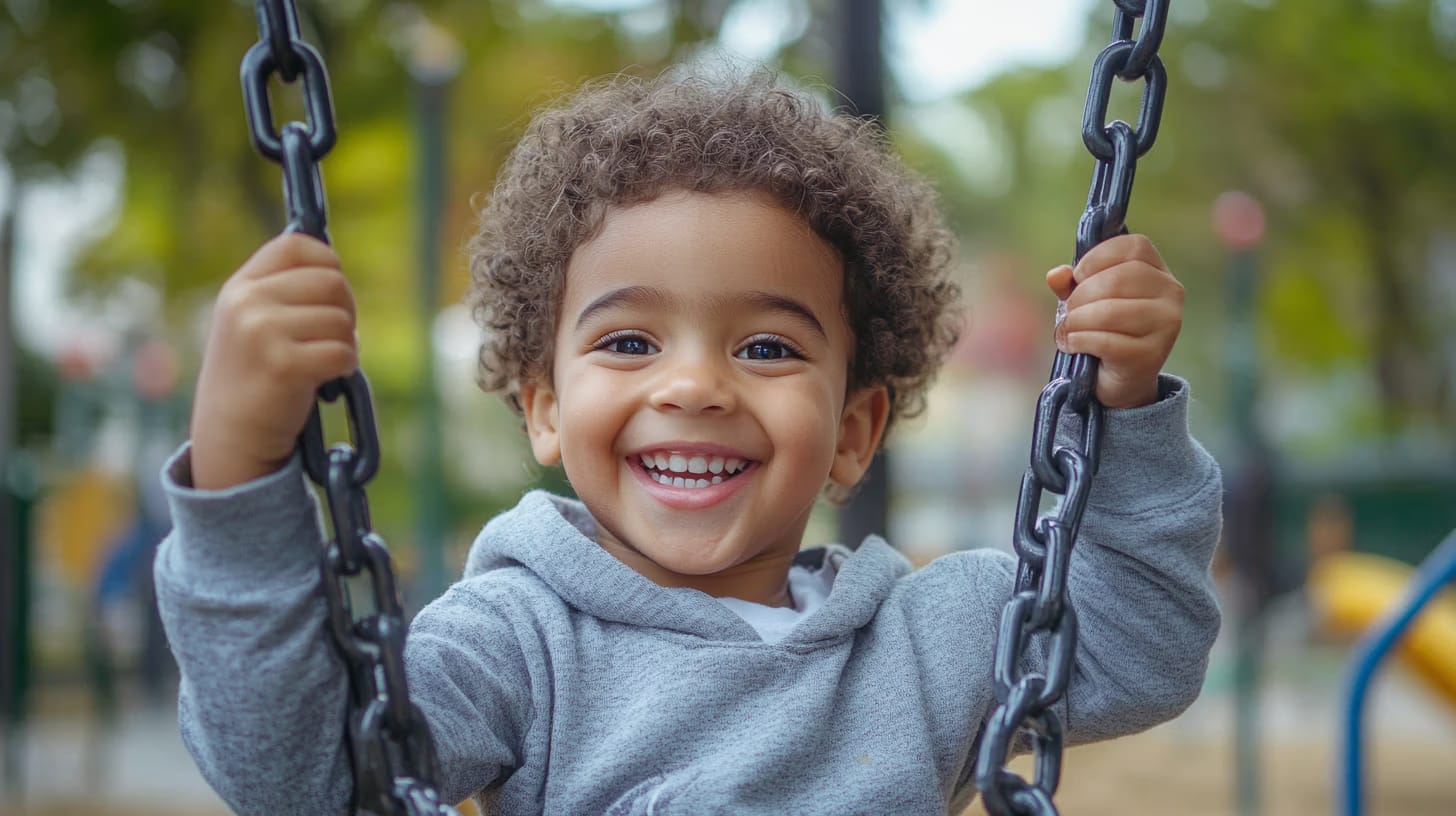 A young child with curly hair and a bright smile is holding onto the chains of a swing in an outdoor playground. The child is wearing a gray hoodie, and the background shows blurred greenery and playground equipment.