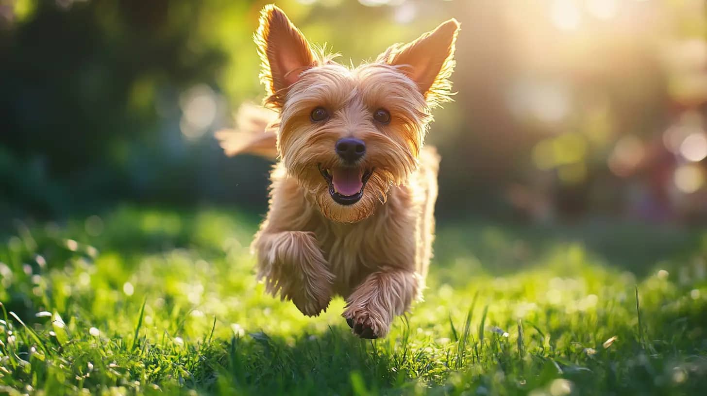 A happy, small dog with a tan coat runs joyfully towards the camera in a lush, sunlit garden. Its ears are perked up, the fur is slightly tousled, and its tongue is out, expressing excitement and energy. The background is blurred, highlighting the vibrant greenery.