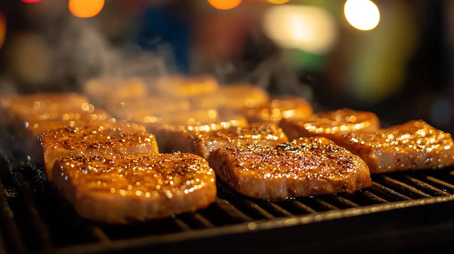Slices of seasoned meat sizzling on a grill, with steam rising and a warm, glowing bokeh background.
