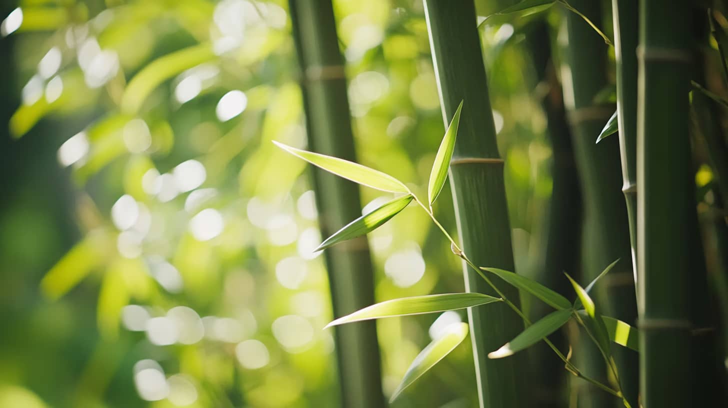 Close-up of green bamboo stalks with leaves, lit by sunlight filtering through. The background is a soft blur of green foliage, creating a serene and natural atmosphere. The image highlights the texture and vibrant color of the bamboo.