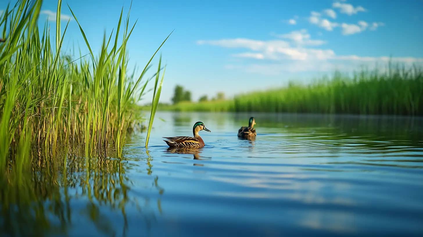 Two ducks swim in a calm, clear lake surrounded by tall, lush green grass under a bright blue sky with scattered white clouds. The water reflects the vibrant colors of the scenery, creating a serene and picturesque scene.