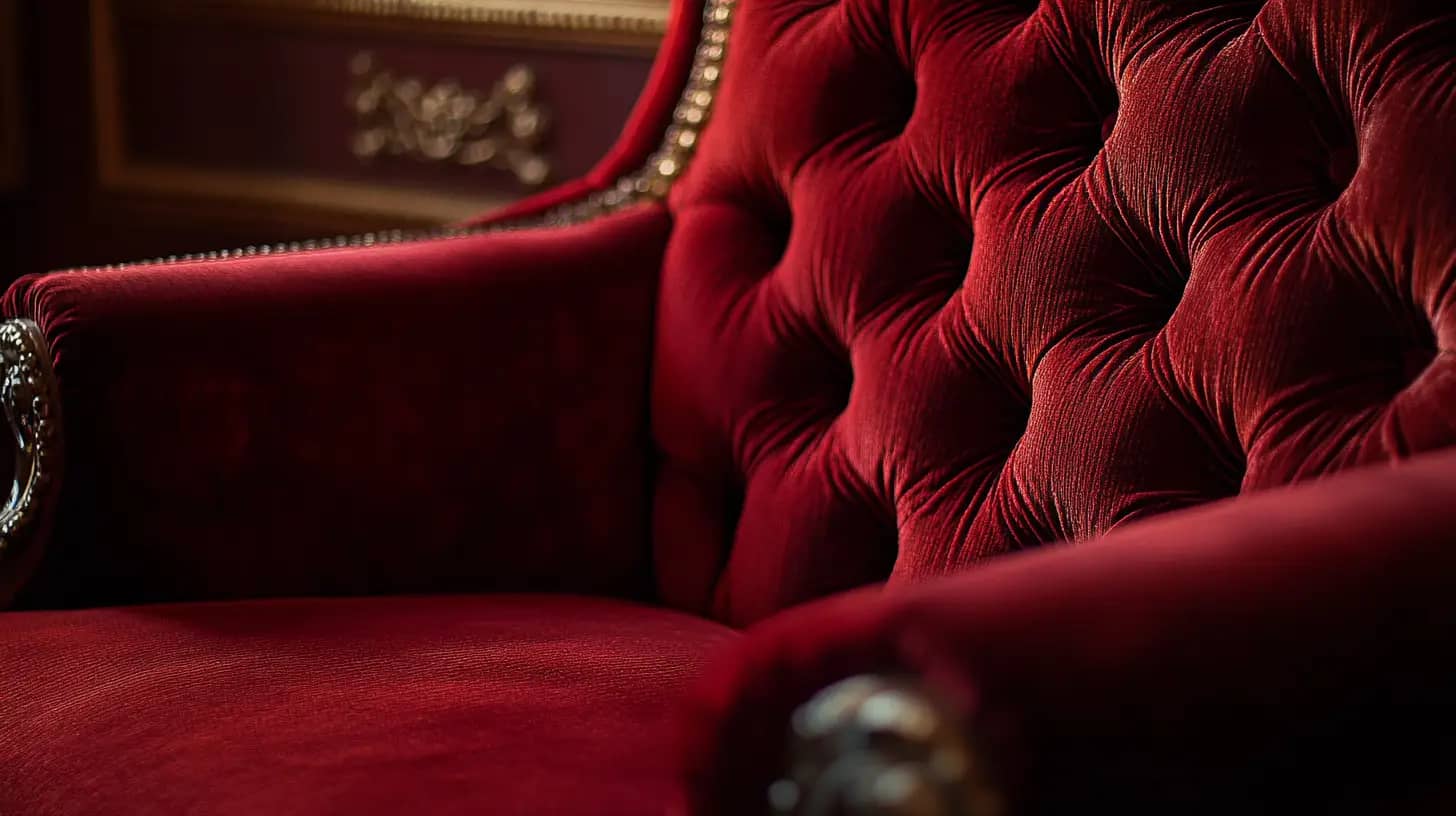 A close-up of a luxurious red velvet armchair with ornate details. The tufted upholstery and intricate patterns on the armrests highlight the chair's elegance and vintage style. The background shows part of an elaborately decorated wall.