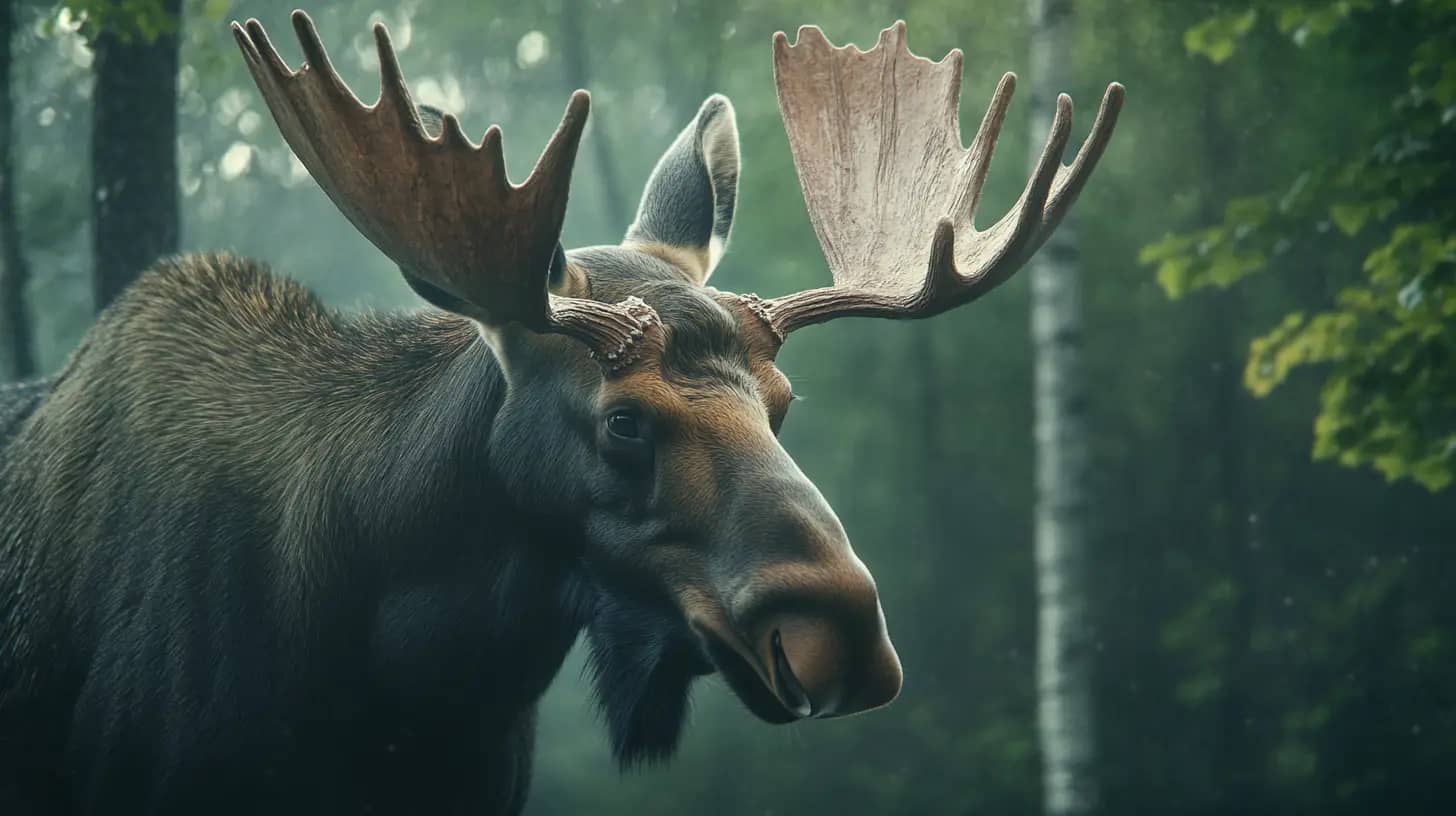 A close-up of a moose with large antlers standing in a misty forest. The background is filled with green foliage and tall trees, creating a serene, natural atmosphere. The moose is looking slightly to the right.