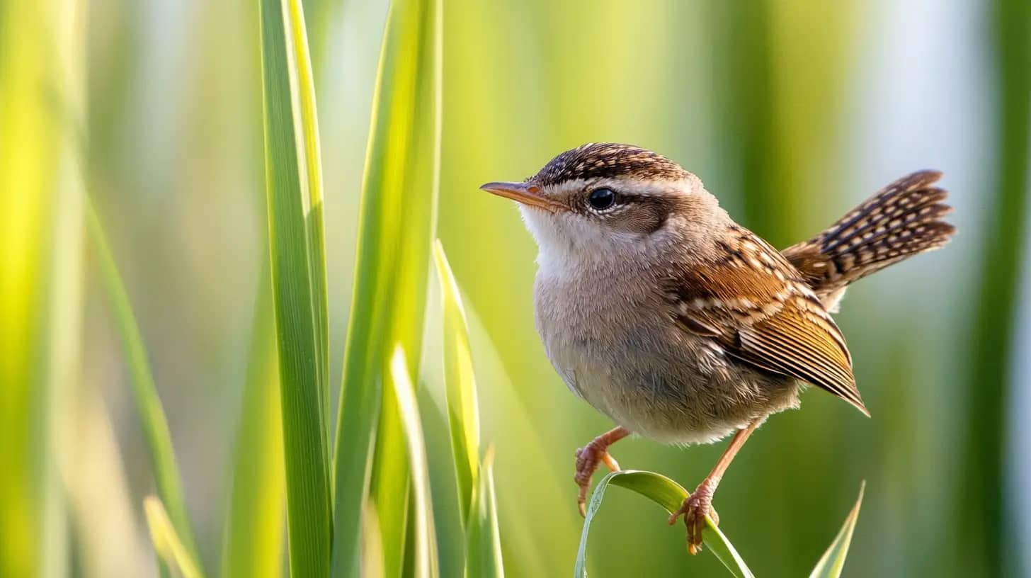 A small bird with brown and white feathers, distinctive black eye stripe, and speckled wings perches on a green reed, surrounded by tall green grasses, in a bright and natural outdoor setting.