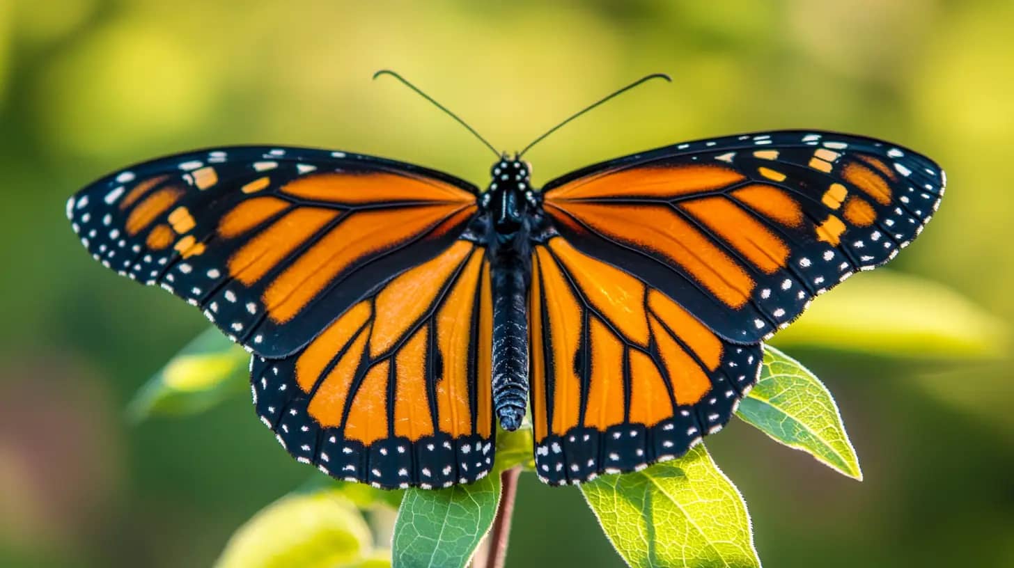 A vibrant monarch butterfly with its wings open wide, displaying bright orange and black patterns with white spots along the edges, rests on green leaves against a softly blurred green background.