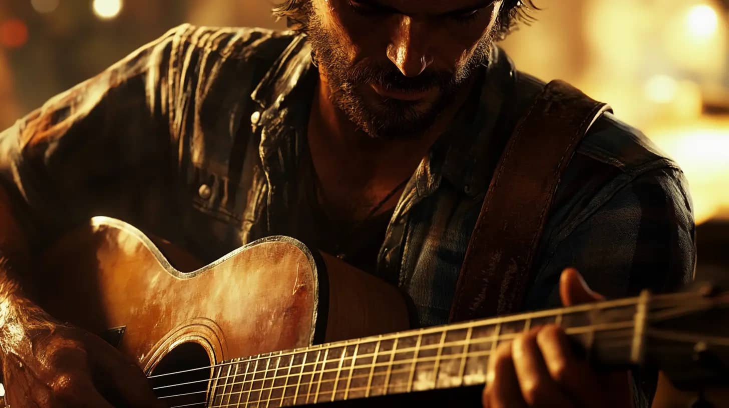 A man with a beard and rugged appearance plays an acoustic guitar. He is wearing a plaid shirt and brown leather strap over his shoulder. The background is softly lit with warm, amber tones, creating an intimate, focused atmosphere.