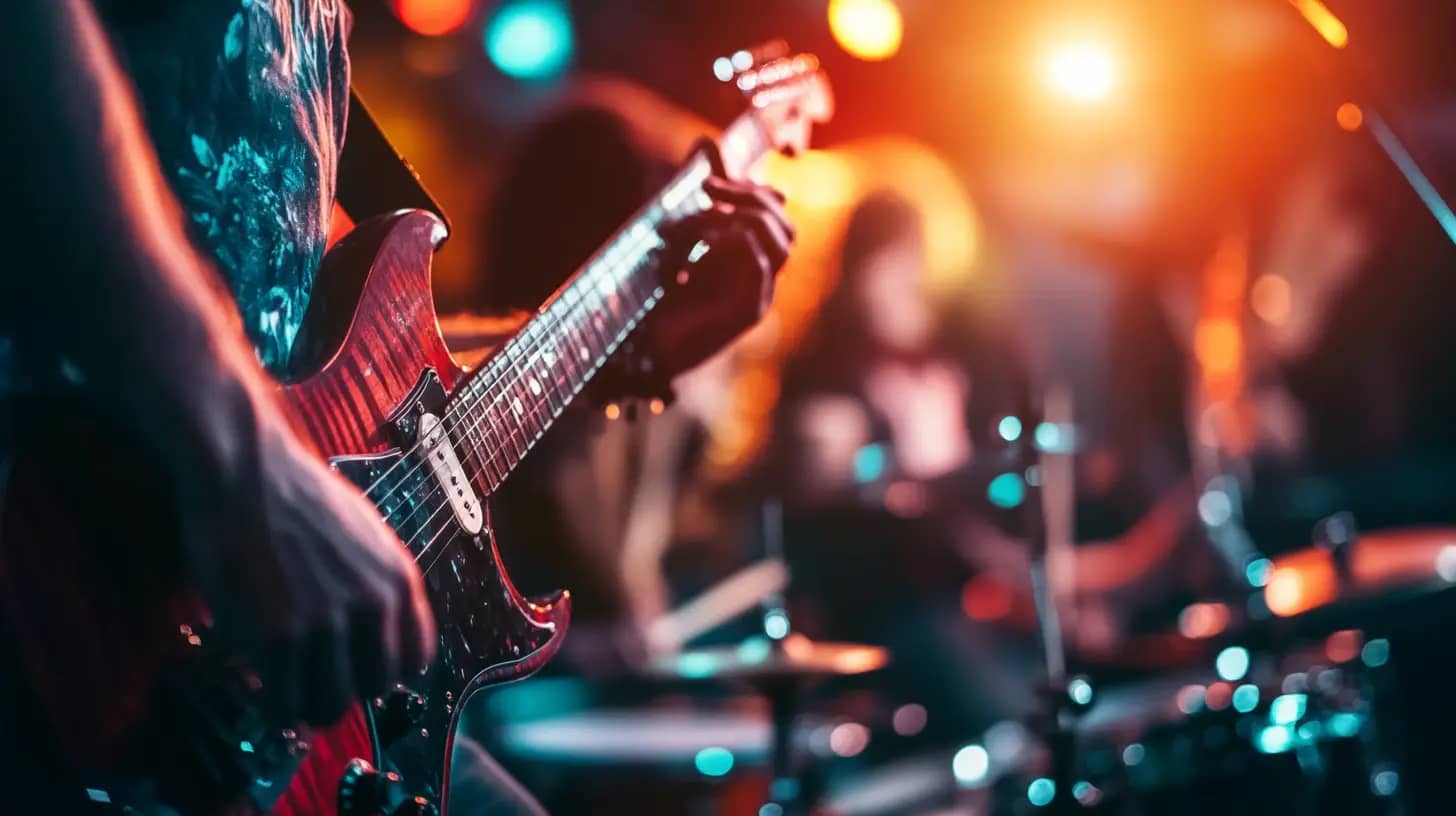 A close-up of an electric guitar being played by a musician during a live concert. The background is filled with colorful, blurred stage lights and other band members playing various instruments, creating a vibrant and energetic atmosphere.