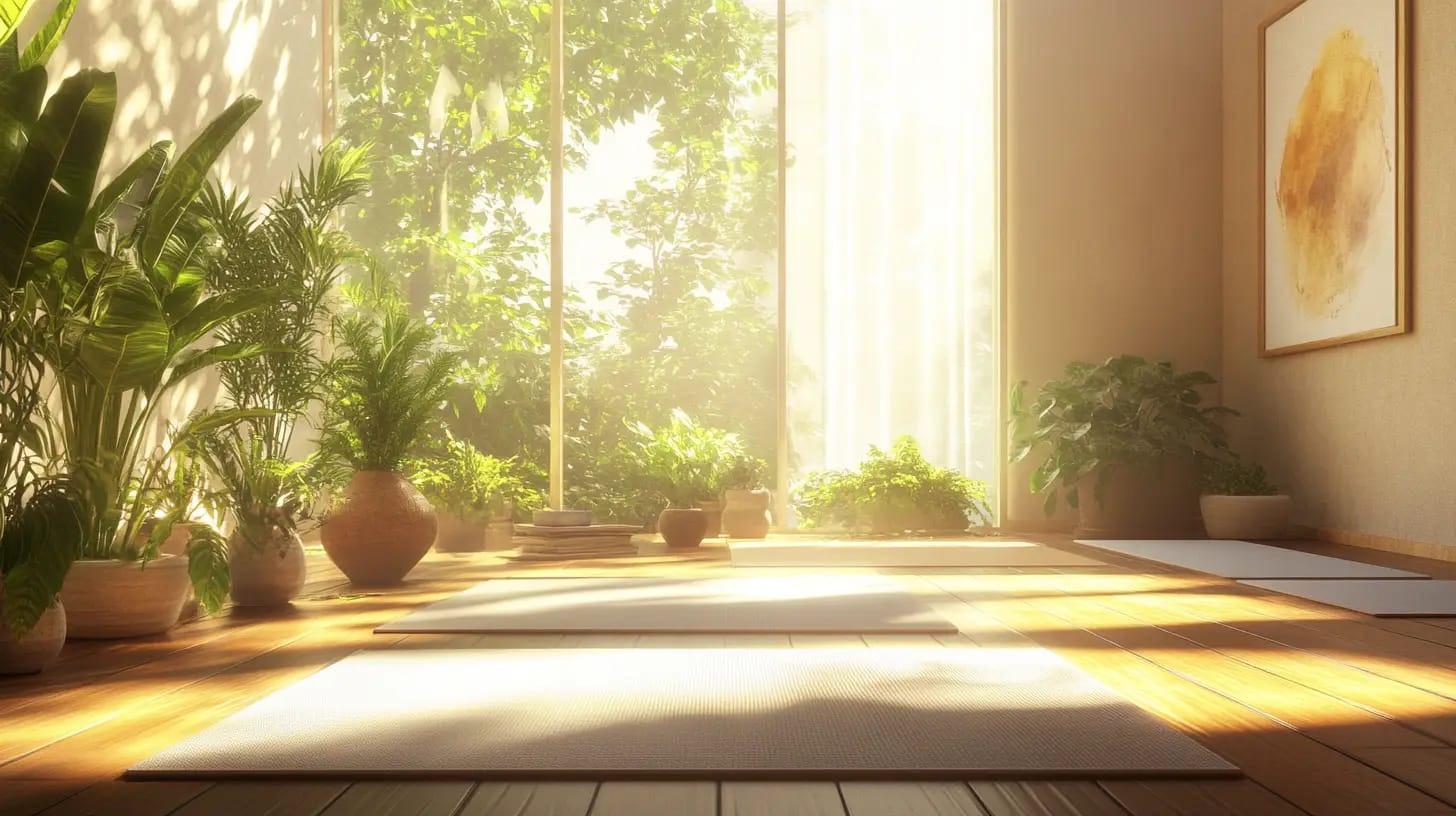 A sunlit room with large windows, filled with lush potted plants. On the wooden floor, there are several white yoga mats arranged in neat rows, ready for a session. A peaceful atmosphere is enhanced by warm natural light and minimalist decor, including framed artwork on the walls.
