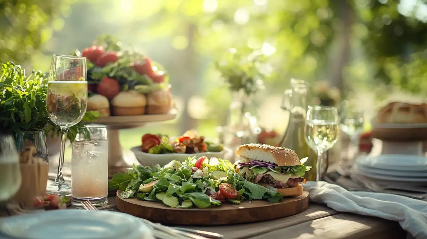 A sunlit outdoor dining table is set with fresh salads, a burger on a wooden plate, glasses of beverages, and a platter of sandwiches. Greenery and flowers accent the table, creating a vibrant, inviting atmosphere for a garden meal.