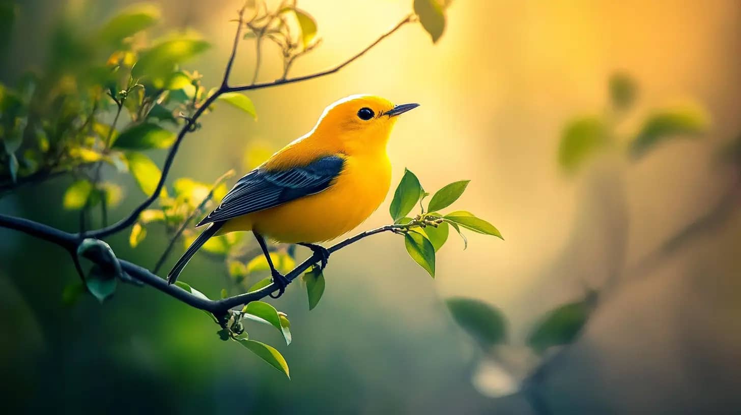 A small, vibrant yellow bird with dark wings sits on a branch surrounded by green leaves. The background is softly blurred with warm hues of yellow and orange, giving a sunrise or sunset effect. The bird's beak is pointed, and it gazes calmly to the right.