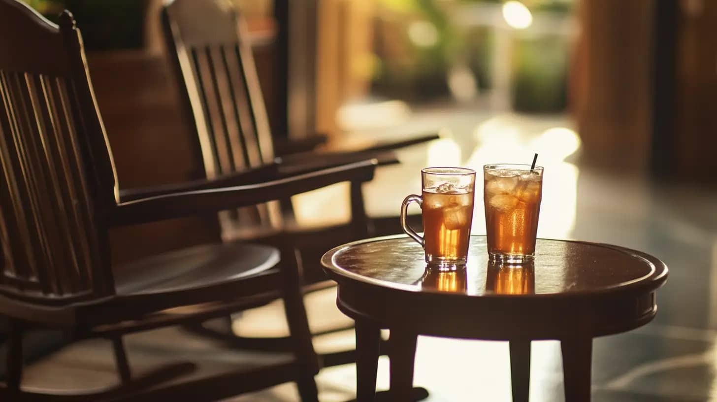 Two glasses of iced tea with straws sit on a round wooden table in the foreground. Behind them, two empty wooden rocking chairs face each other, creating a peaceful and inviting atmosphere. The background is softly lit, suggesting a warm, sunny day.
