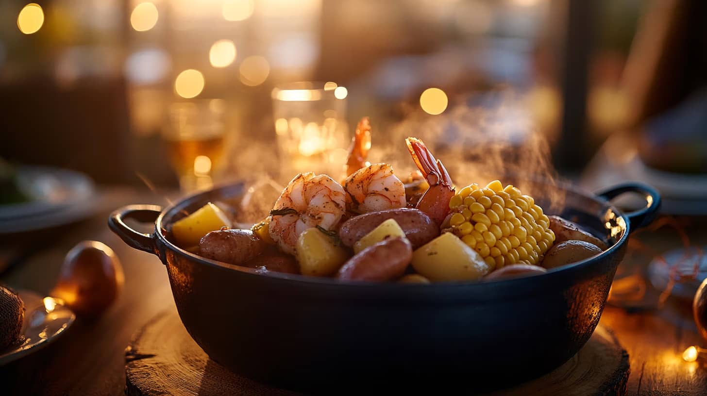 A steaming pot filled with a seafood boil sits on a wooden table. The dish includes shrimp, corn on the cob, sausages, and potatoes. The background is softly lit with warm, diffuse lighting, creating a cozy, inviting atmosphere.