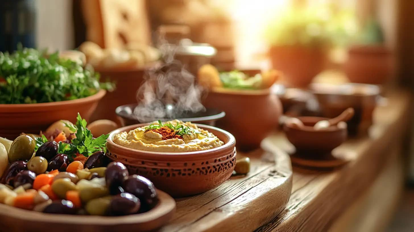 A wooden table is adorned with bowls of food, including hummus topped with herbs and spices, a mixture of black and green olives, and various fresh vegetables. The scene is warmly lit by natural sunlight, creating a cozy and inviting setting.