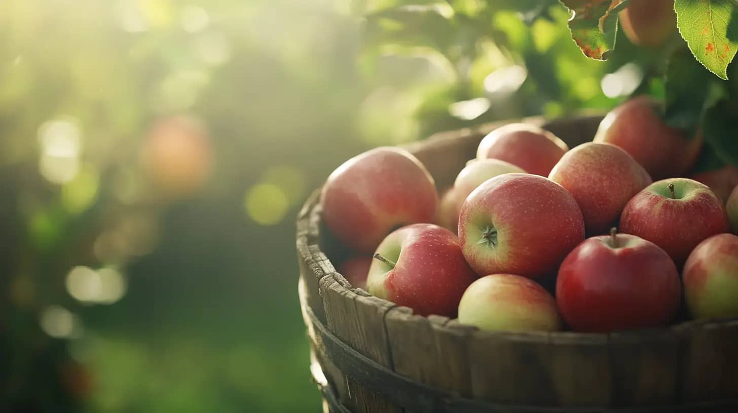 A wooden basket brimming with ripe, red apples sits outdoors in a sunlit orchard. The sunlight filters through the leaves, casting a warm, golden glow on the fresh apples. The background is slightly blurred with hints of greenery, creating a serene and inviting scene.