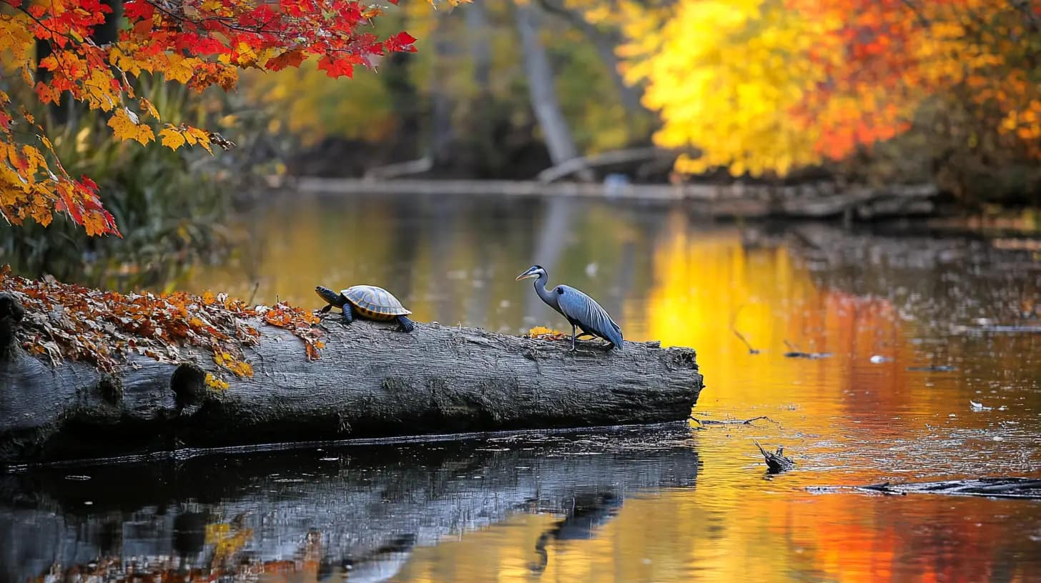 A turtle and a heron are perched on a fallen log by a calm river surrounded by vibrant autumn foliage in shades of red, orange, and yellow. The reflections of the colorful leaves and the animals are visible in the water.
