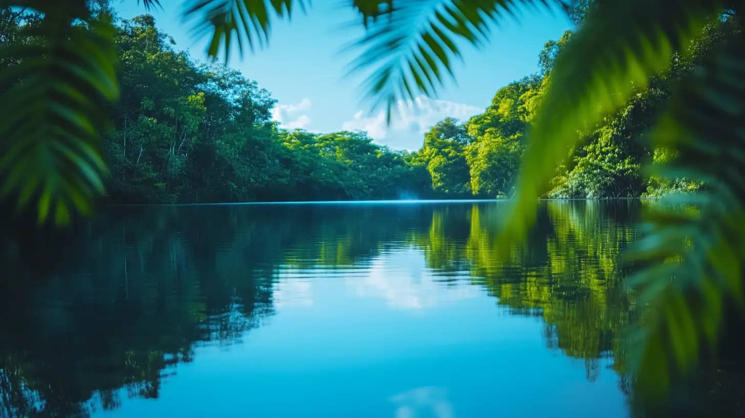 A serene river is surrounded by lush green trees under a bright blue sky. The water reflects the vibrant foliage, creating a mirror-like effect. Fern leaves frame the top corners of the image, adding depth and a sense of immersion in nature.