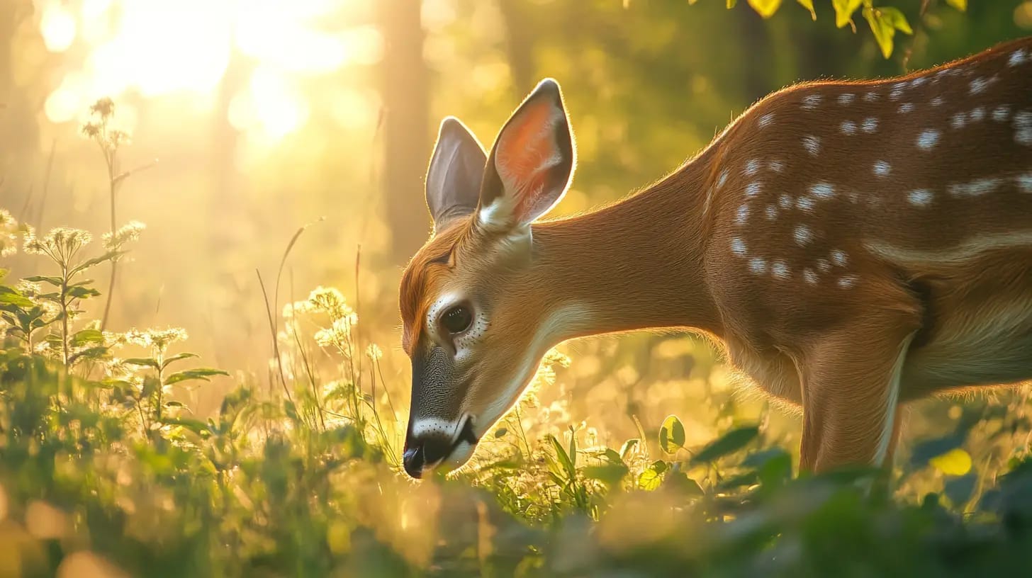 A young deer with white spots on its back grazes in a sunlit forest clearing. The soft, golden light filters through the trees, illuminating the lush green foliage and delicate wildflowers surrounding the deer.