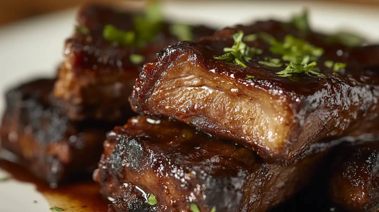 Close-up of a plate with glazed BBQ ribs stacked on top of each other. The ribs are garnished with fresh, chopped herbs and have a shiny, caramelized texture. The rich sauce is visible and adds a mouthwatering appeal to the dish.