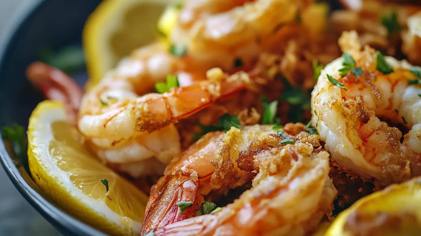 Close-up of a dish featuring golden-brown, breaded shrimp garnished with chopped parsley. The shrimp are accompanied by slices of fresh lemon, adding color contrast and a hint of citrus. The presentation highlights the crispiness of the shrimp and the vibrant garnish.
