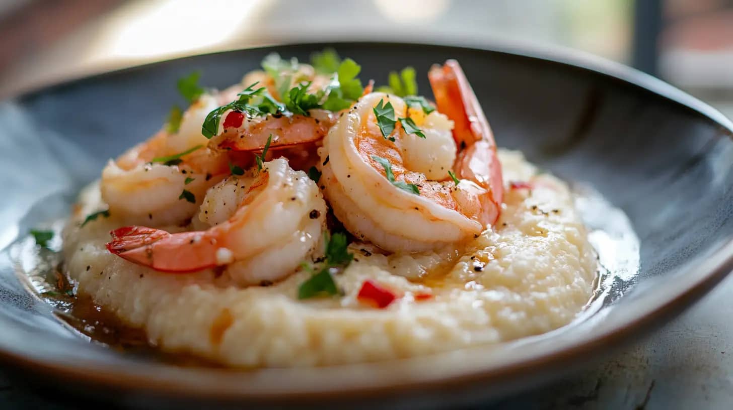 A plate of creamy grits topped with plump, cooked shrimp, garnished with chopped herbs and diced red peppers, all served in a dark bowl with a blurred background. The dish looks flavorful and visually appealing.