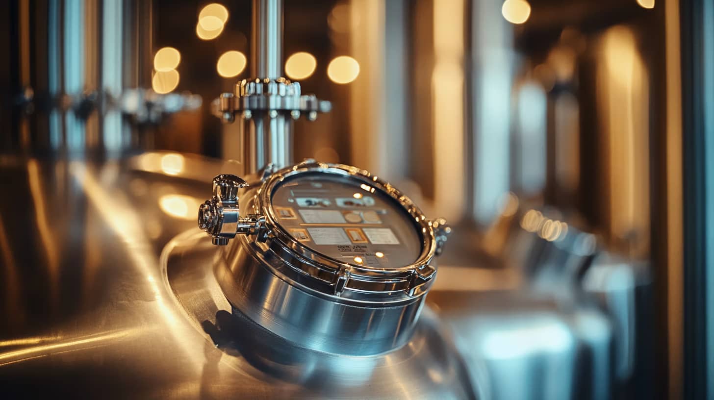Close-up of a polished stainless steel fermentation tank with an industrial gauge and a digital display. The background is softly focused, showing more tanks, highlighting the sophisticated equipment in a brewery. Warm lighting casts a cozy ambiance.