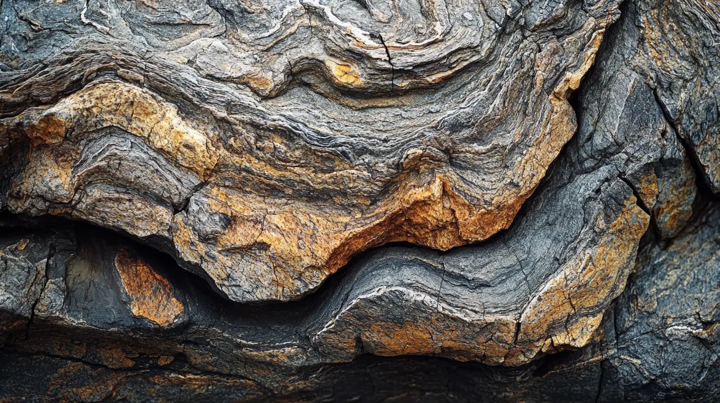 Close-up of textured rock formations with layered patterns and various shades of gray, orange, and tan. The layers have a wavy appearance, creating a visually striking and intricate design.
