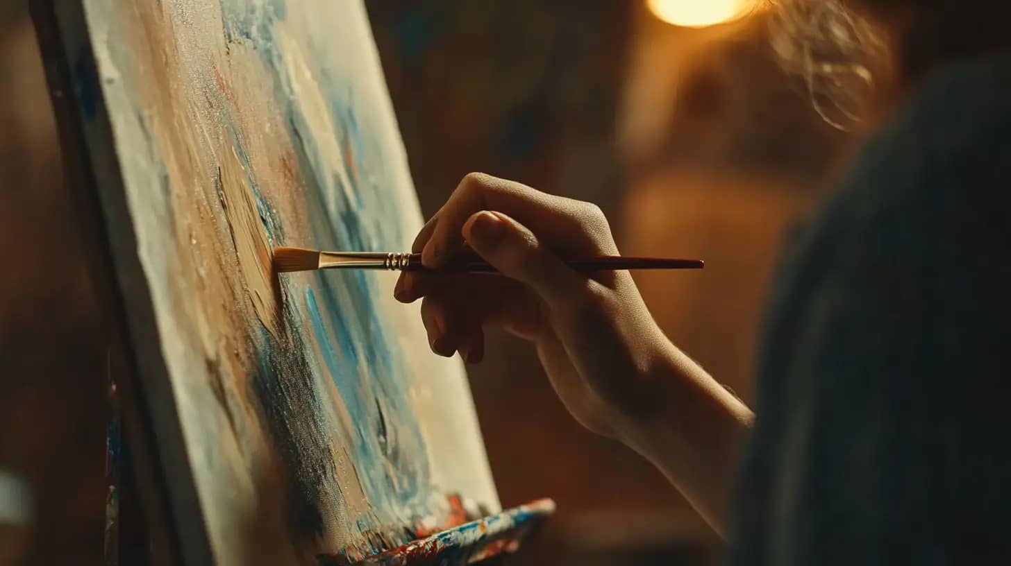 A close-up of a hand holding a paintbrush, applying paint to a canvas. The scene is warmly lit, highlighting the artist's careful strokes and the vibrant, abstract colors on the canvas.