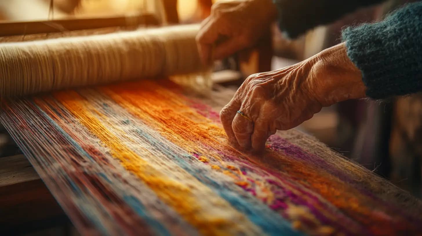 Close-up of elderly hands weaving colorful threads on a loom. The intricate pattern features vivid shades of orange, yellow, red, and blue. Warm lighting adds a cozy atmosphere, highlighting the detailed craftsmanship and texture of the fabric being created.