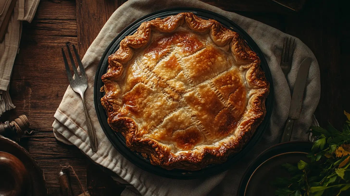 A freshly baked golden brown pie with a fluted edge sits on a rustic wooden table. The pie has a lattice pattern on the top crust and is surrounded by forks, a napkin, and some greenery. The setting evokes a cozy, homestyle atmosphere.