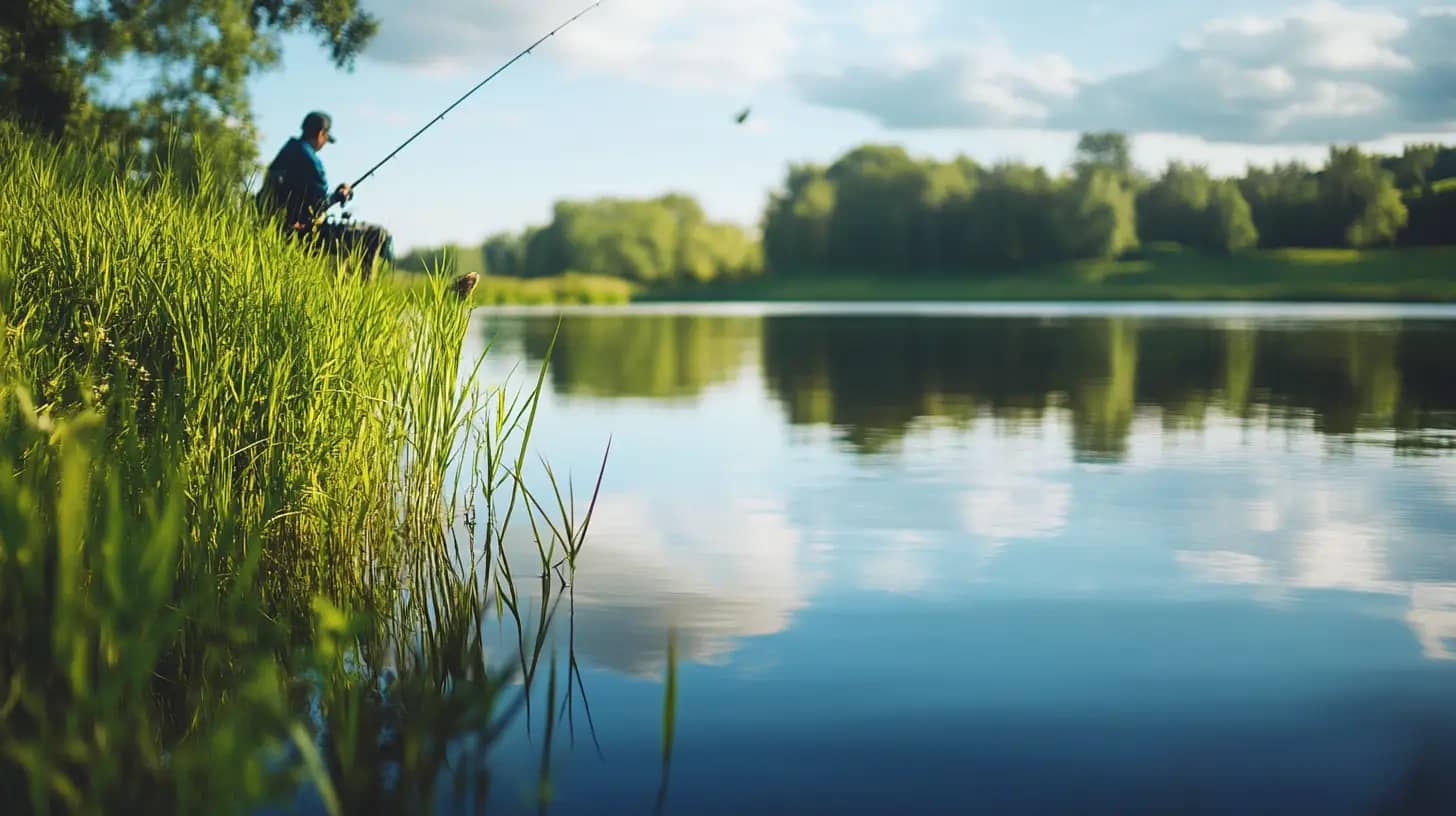 A person sits on a grassy riverbank, holding a fishing rod over the calm water. The scene is bathed in late afternoon light, with lush green trees in the background and fluffy clouds reflected on the water’s surface.