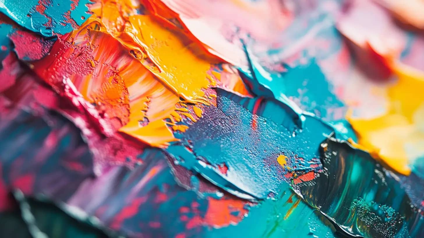 Close-up of a colorful abstract painting featuring thick, textured brushstrokes in shades of teal, blue, orange, yellow, and red, creating a vibrant and dynamic composition.