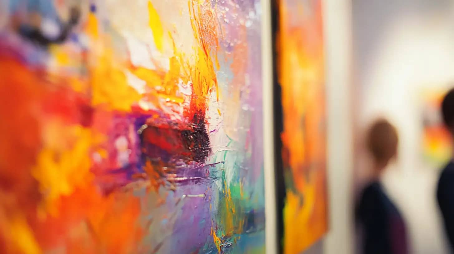 Close-up of vivid, colorful artwork featuring dynamic strokes of orange, yellow, pink, and purple hues. The textured painting is displayed in an art gallery, with slightly blurred figures in the background observing other pieces.