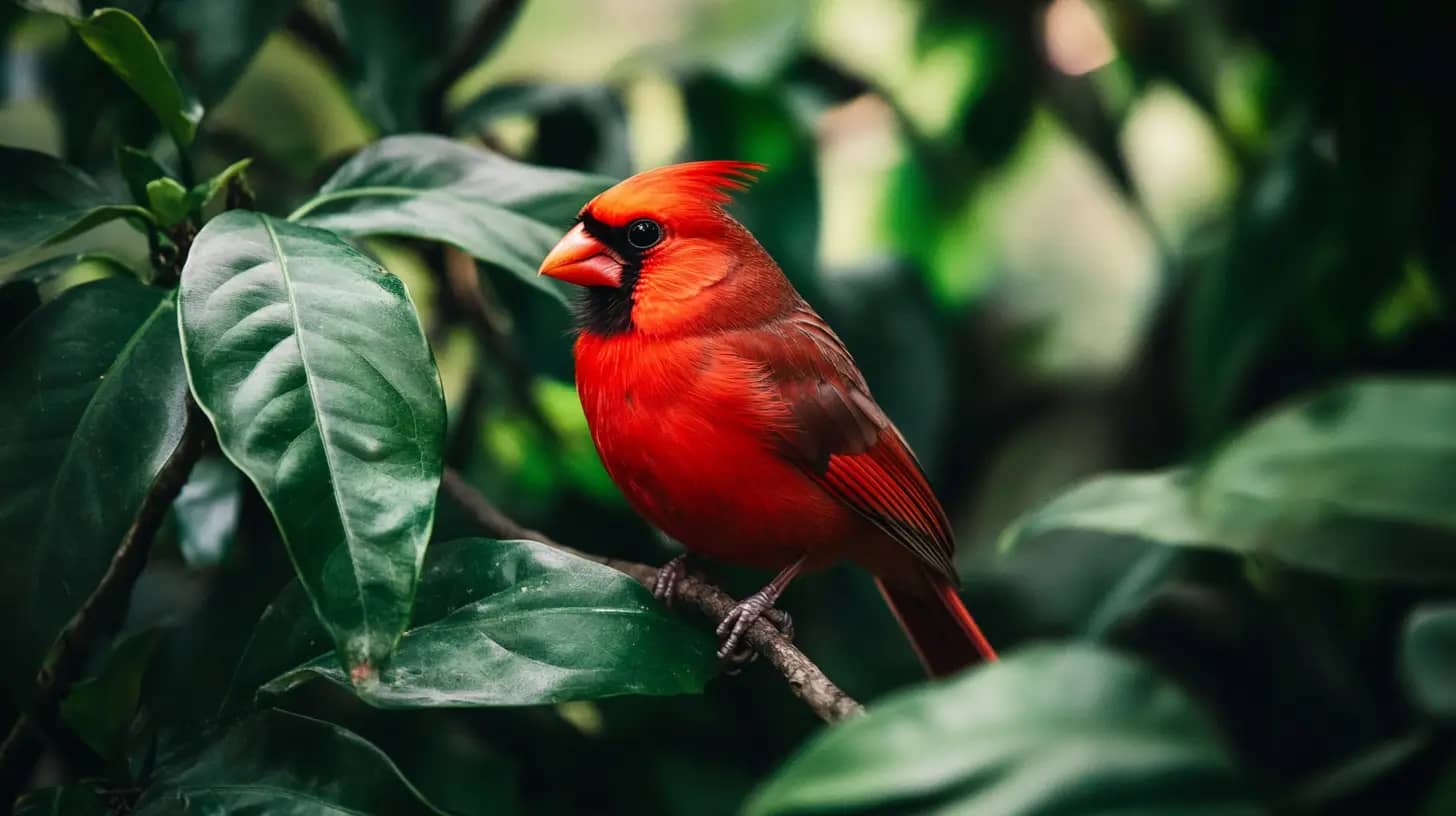 A vibrant red cardinal with a distinct black face mask and crest perched on a branch amidst lush green leaves, creating a striking contrast between its vivid plumage and the surrounding foliage.