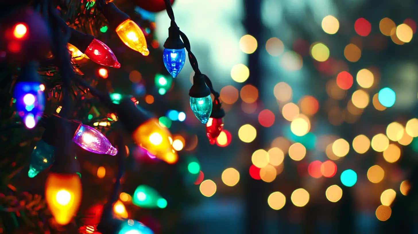 Bright, colorful holiday lights are strung along a tree, with glowing blue, red, yellow, and green bulbs in focus. The background is filled with soft, blurry, multicolored lights, creating a festive and warm atmosphere in the evening.