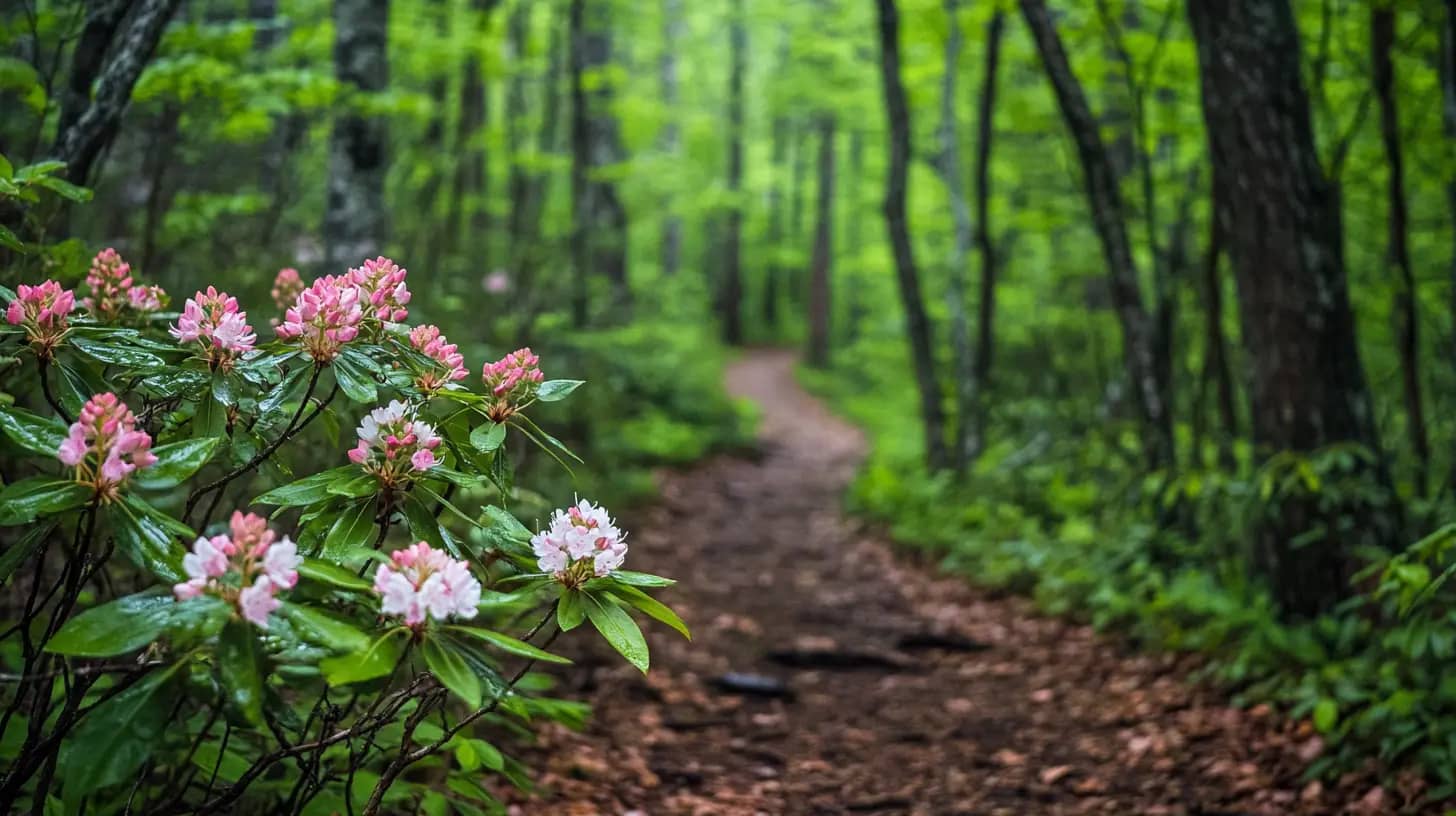 A serene forest trail surrounded by lush green trees and foliage. Pink flowers with green leaves are in the foreground on the left, adding a touch of color. The path is blanketed with fallen leaves, leading deeper into the forest. The atmosphere is calm and refreshing.