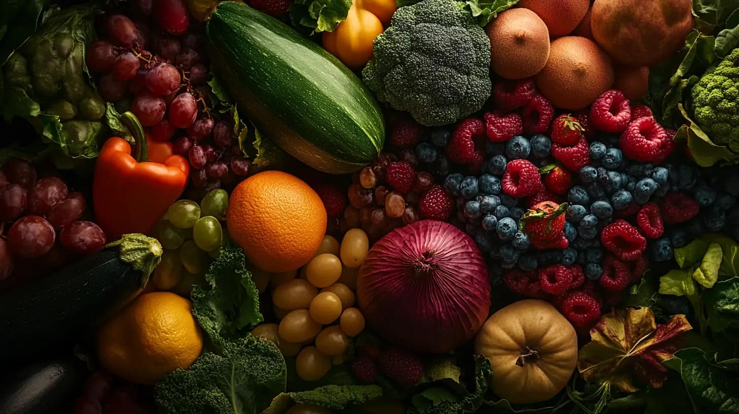 A vibrant assortment of fruits and vegetables, including grapes, bell peppers, zucchini, oranges, broccoli, raspberries, blueberries, strawberries, red onions, and leafy greens, all arranged together creating a colorful, fresh medley.