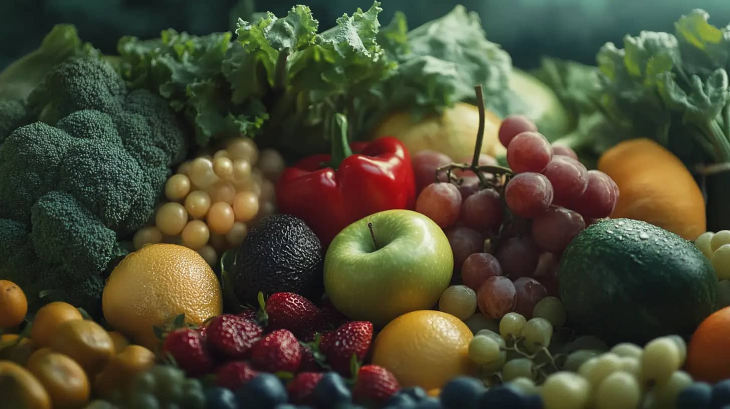 A colorful assortment of fresh fruits and vegetables, including broccoli, kale, red bell peppers, grapes, oranges, apples, avocados, strawberries, tomatoes, melons, and blueberries, displayed together against a blurred green background.