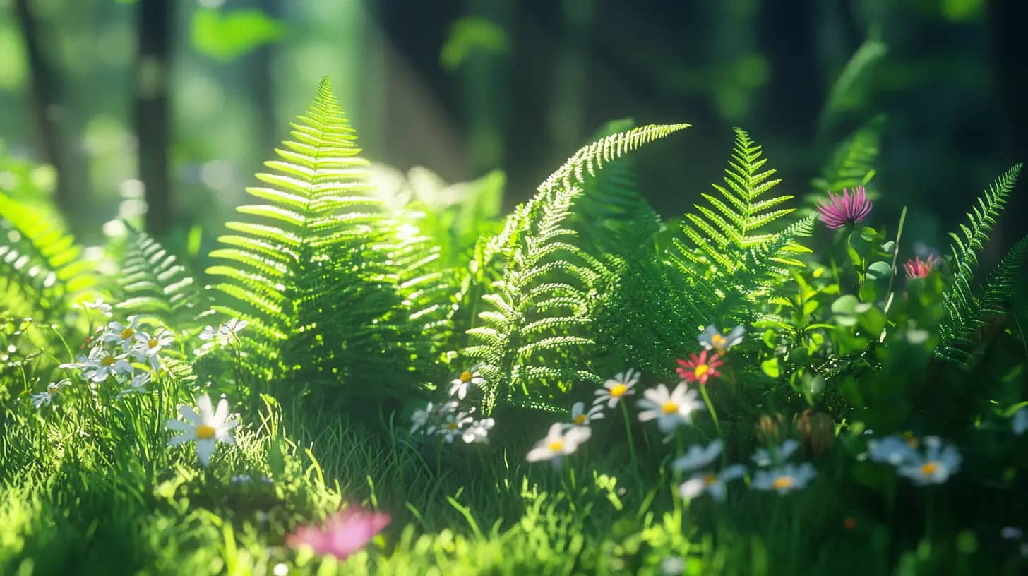 A serene forest floor is bathed in soft sunlight, showcasing vibrant green fern fronds and an assortment of colorful wildflowers, including pink, white, and yellow blossoms. The background is blurred with hints of tall trees, creating a tranquil, lush atmosphere.