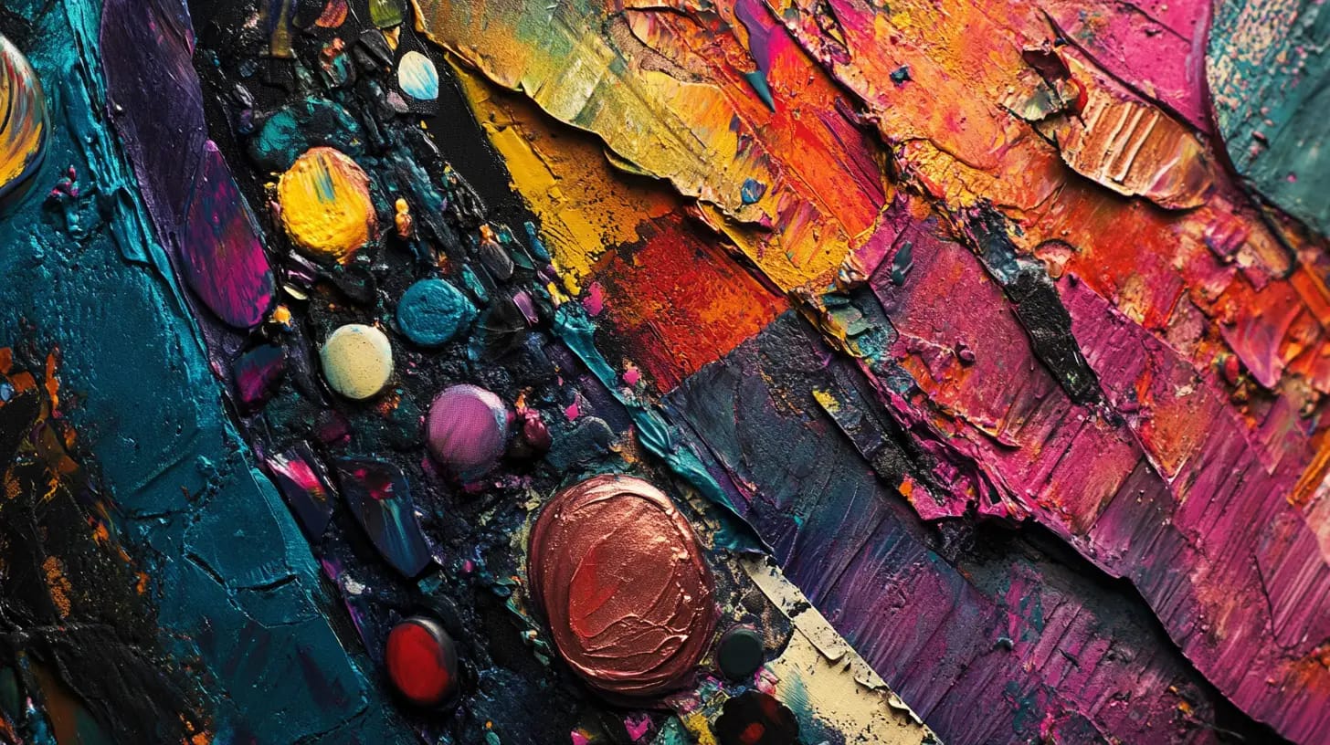 A vibrant, textured abstract painting featuring bold, swirling strokes of blue, yellow, red, and pink with blobs and patterns of various colors, creating a sense of depth and movement. The surface is layered, adding a 3D effect to the artwork.
