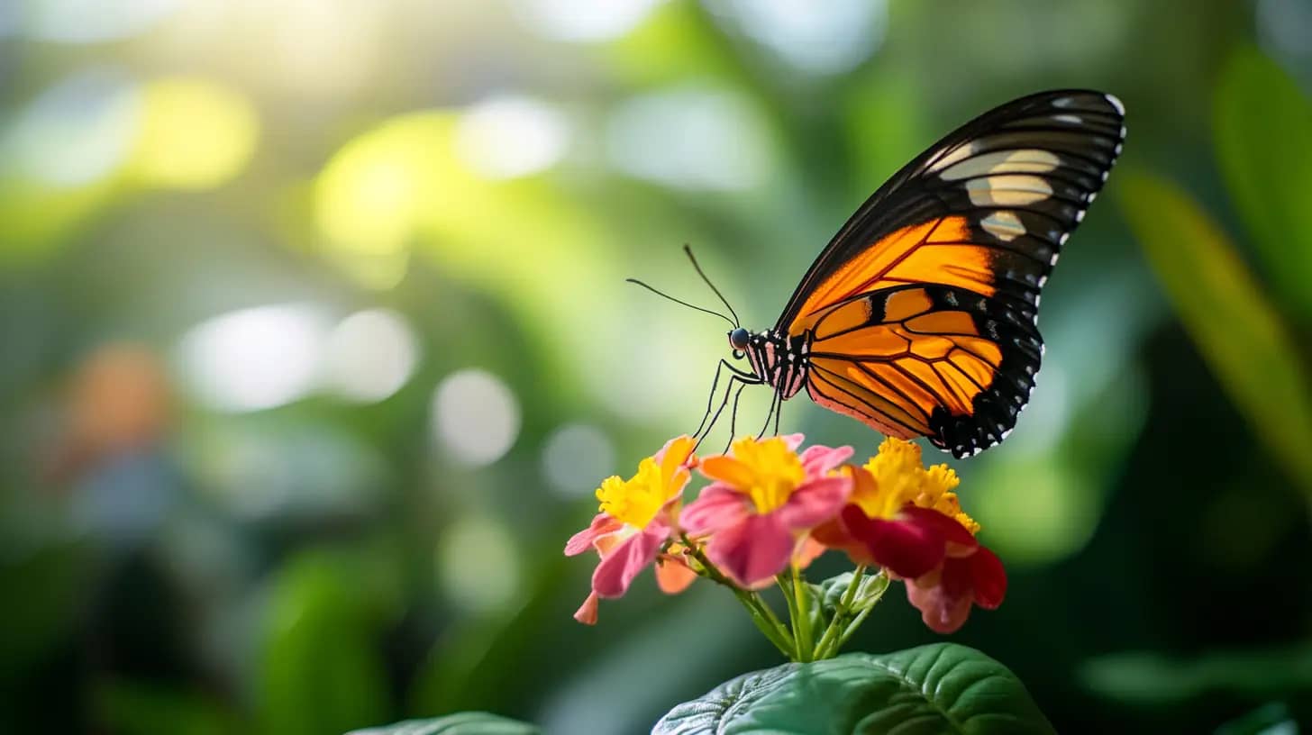 A vibrant orange and black butterfly is perched on a cluster of small pink and yellow flowers. The background is a blur of green foliage, with hints of sunlight filtering through, creating a serene and enchanting natural setting.