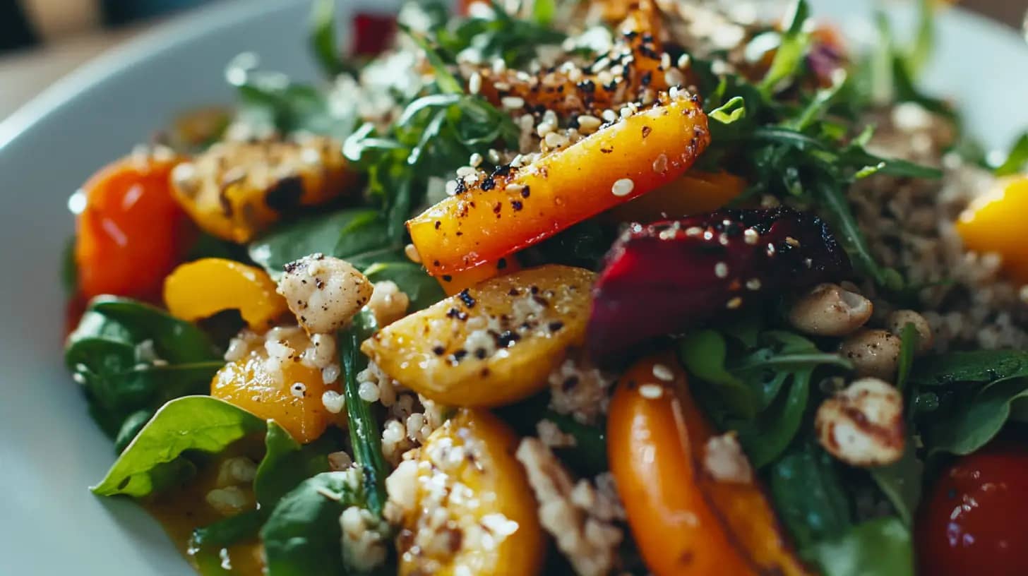 A close-up of a fresh salad featuring vibrant yellow and orange bell peppers, leafy greens, red beets, quinoa, and various seeds. The ingredients are sprinkled with seasoning and finely chopped nuts, creating a colorful and appetizing dish.