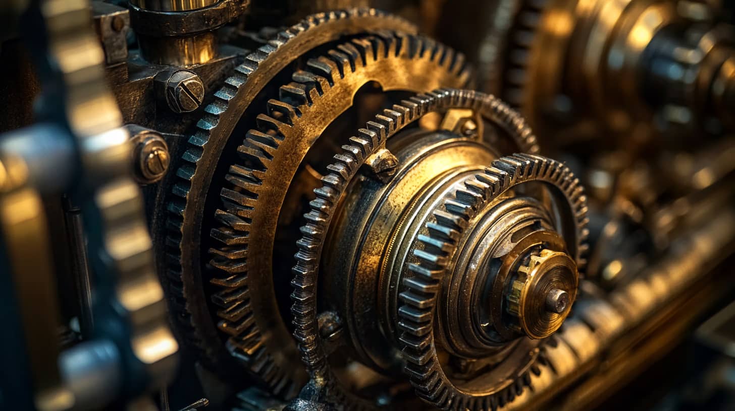 Close-up of a complex, interlocking set of metallic gears and cogs. The gears have a worn, textured surface, with intricate teeth that mesh together. Warm, ambient lighting emphasizes the golden and bronze tones, highlighting the machinery's detailed craftsmanship.
