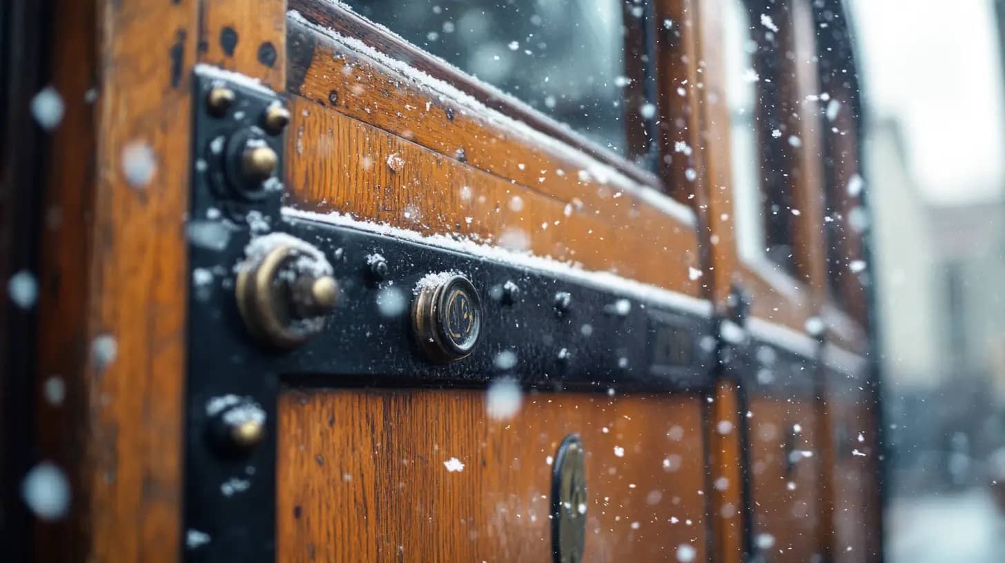 Close-up of a wooden door with ornate metal detailing and round door knobs, partially covered in snowflakes. Snow is falling, and there's a blurred, cold atmosphere in the background. The door has an antique appearance with a warm, golden brown hue.