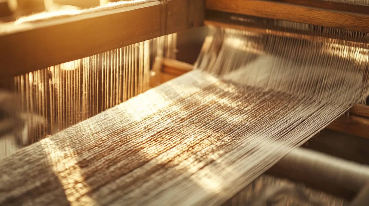 Close-up of a traditional weaving loom with threads running vertically. Sunlight filters through, casting warm, golden hues onto the threads, creating a peaceful and artisanal ambiance. The intricate pattern of the weave is visible, highlighting craftsmanship.