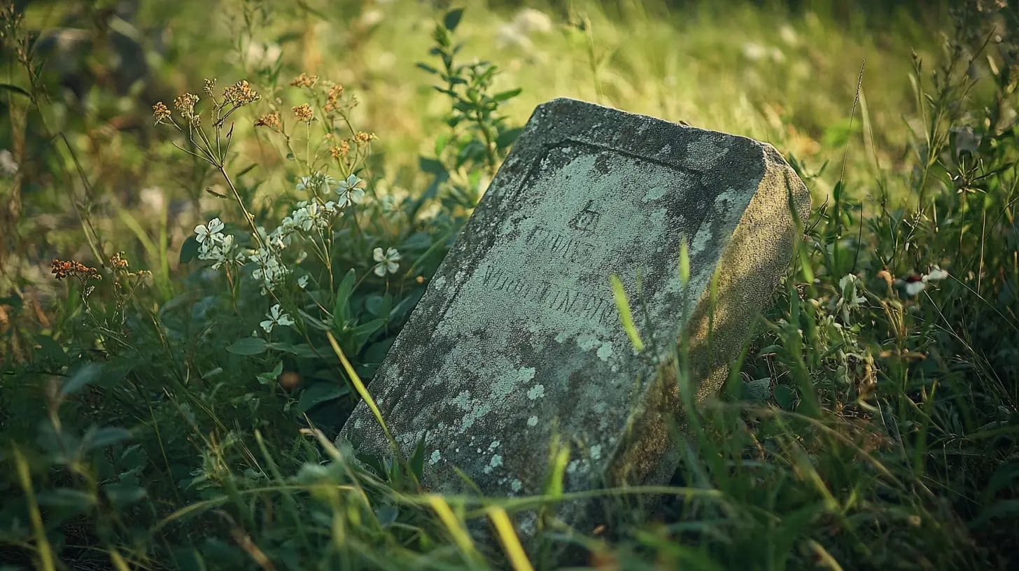 A weathered, moss-covered grave marker stands partially tilted in a meadow of overgrown grass and wildflowers. The text on the marker is worn and difficult to read, hinting at the passage of time. Sunlight filters through, casting a serene glow on the scene.