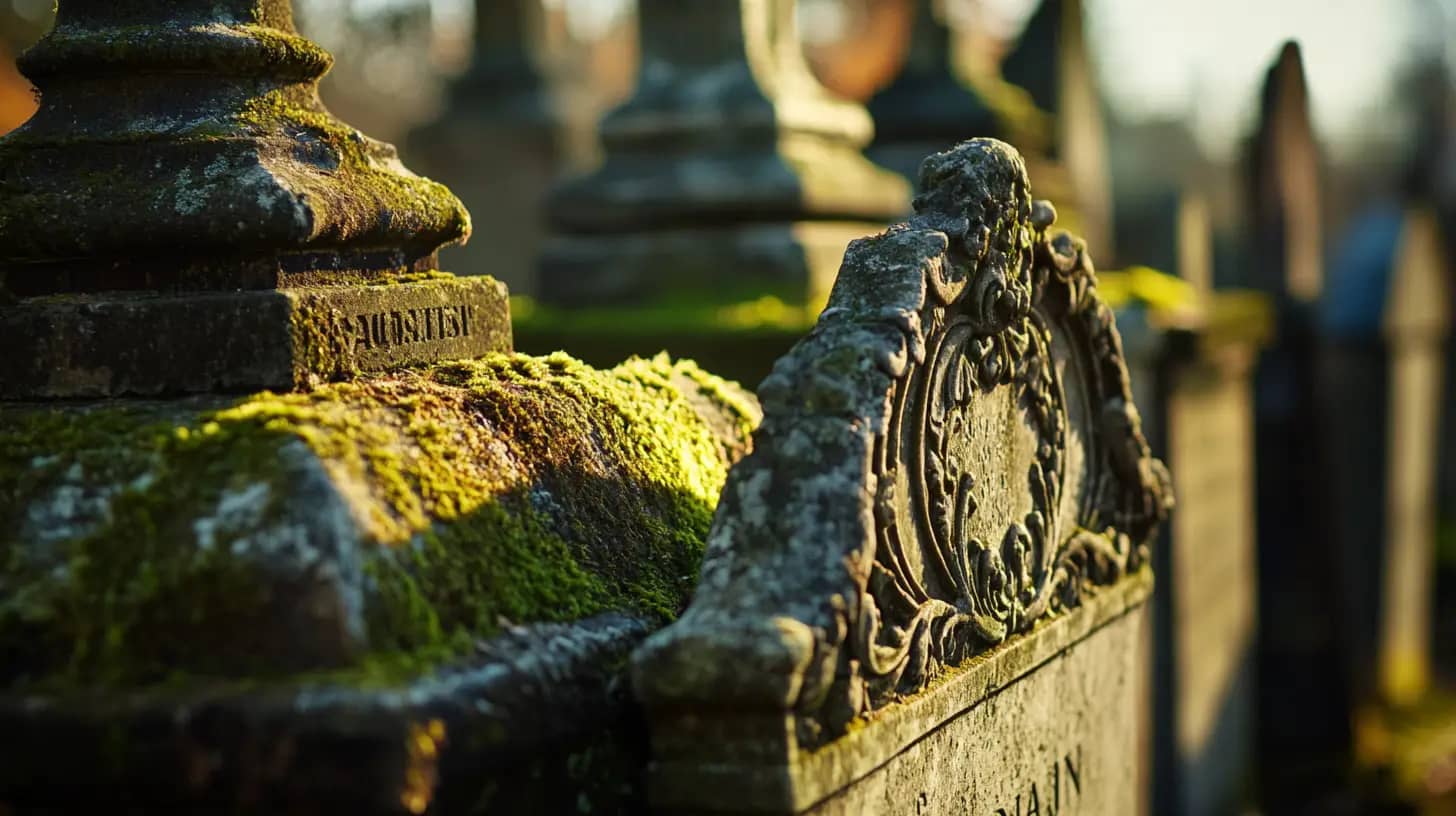 Close-up of weathered tombstones in a graveyard, covered in green moss and illuminated by warm sunlight. The intricate carvings and aged stone surfaces suggest an old, historic cemetery setting. Trees and additional tombstones are visible in the soft background.