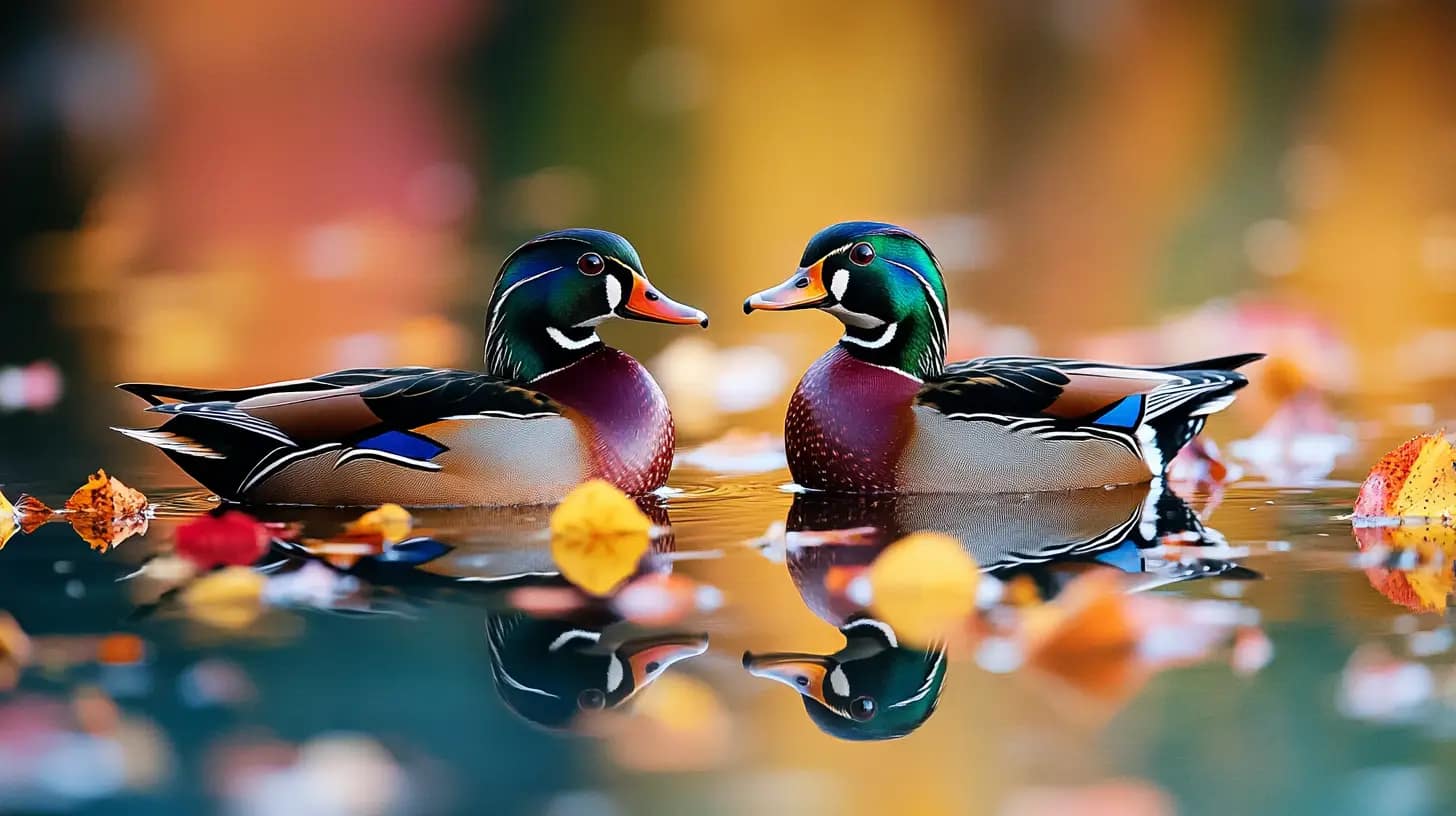 Two colorful wood ducks float serenely on a reflective pond filled with autumn leaves. Their vibrant feathers, iridescent green and blue heads, and striking white markings stand out against the warm fall colors and tranquil water.